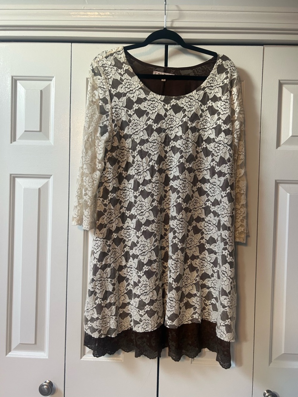 Young Essence Cream Lace Overlay Dress with Brown Lining